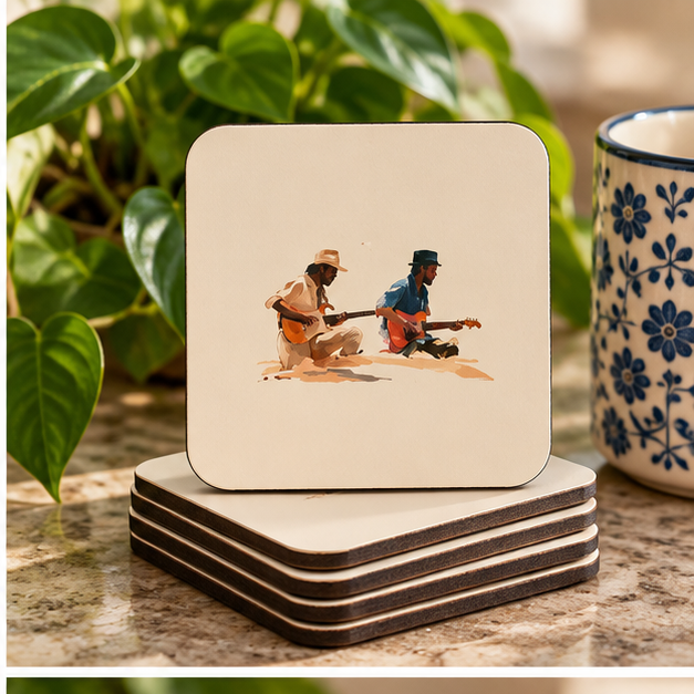 Acoustic Duo Hardboard Coaster – Vintage Guitarist Drink Coaster, Retro Music Art, Musician Gift, Guitar Lover Home Decor