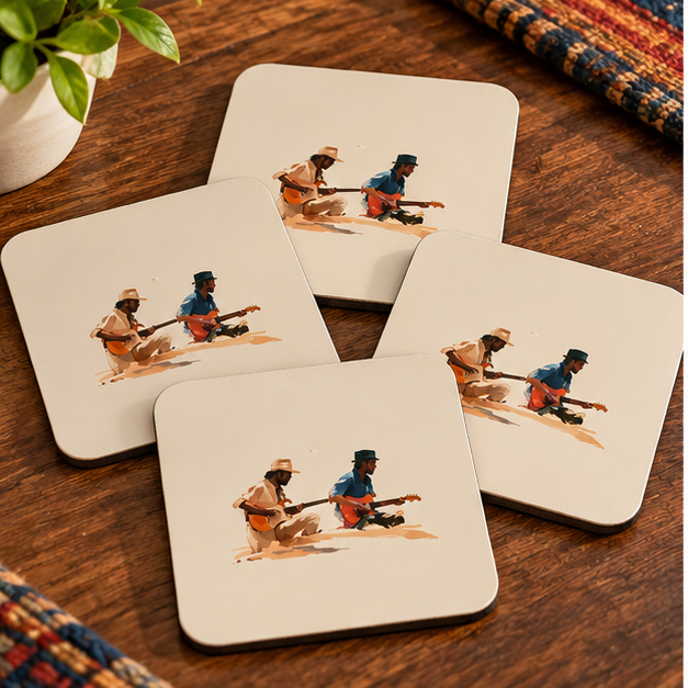 Acoustic Duo Hardboard Coaster – Vintage Guitarist Drink Coaster, Retro Music Art, Musician Gift, Guitar Lover Home Decor