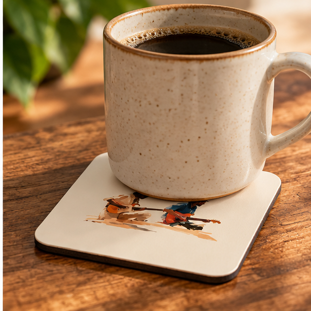 Acoustic Duo Hardboard Coaster – Vintage Guitarist Drink Coaster, Retro Music Art, Musician Gift, Guitar Lover Home Decor