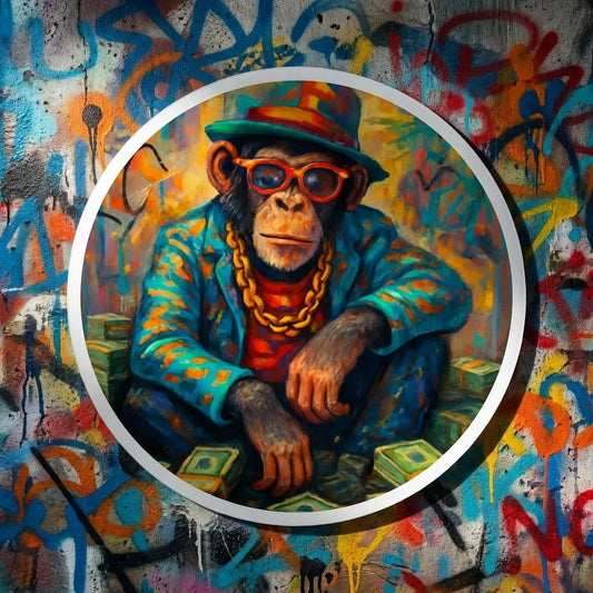 Flat lay of the Hip Hop Mogul Chimp Sticker on a graffiti surface, with dramatic side lighting emphasizing details and vibrant palette.