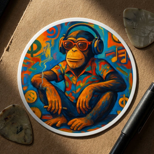 Studio-style close-up emphasizing micro-texture of the small 'Cosmic Chill' chimp sticker on textured paper with artistic elements.