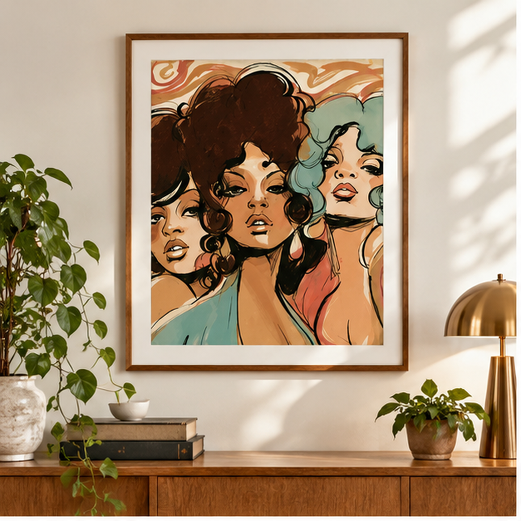 Retro Women Portrait Poster – Vintage 70s Glamour Wall Art, Bold Feminine Pop Art Print, Colorful Mid Century Modern Decor