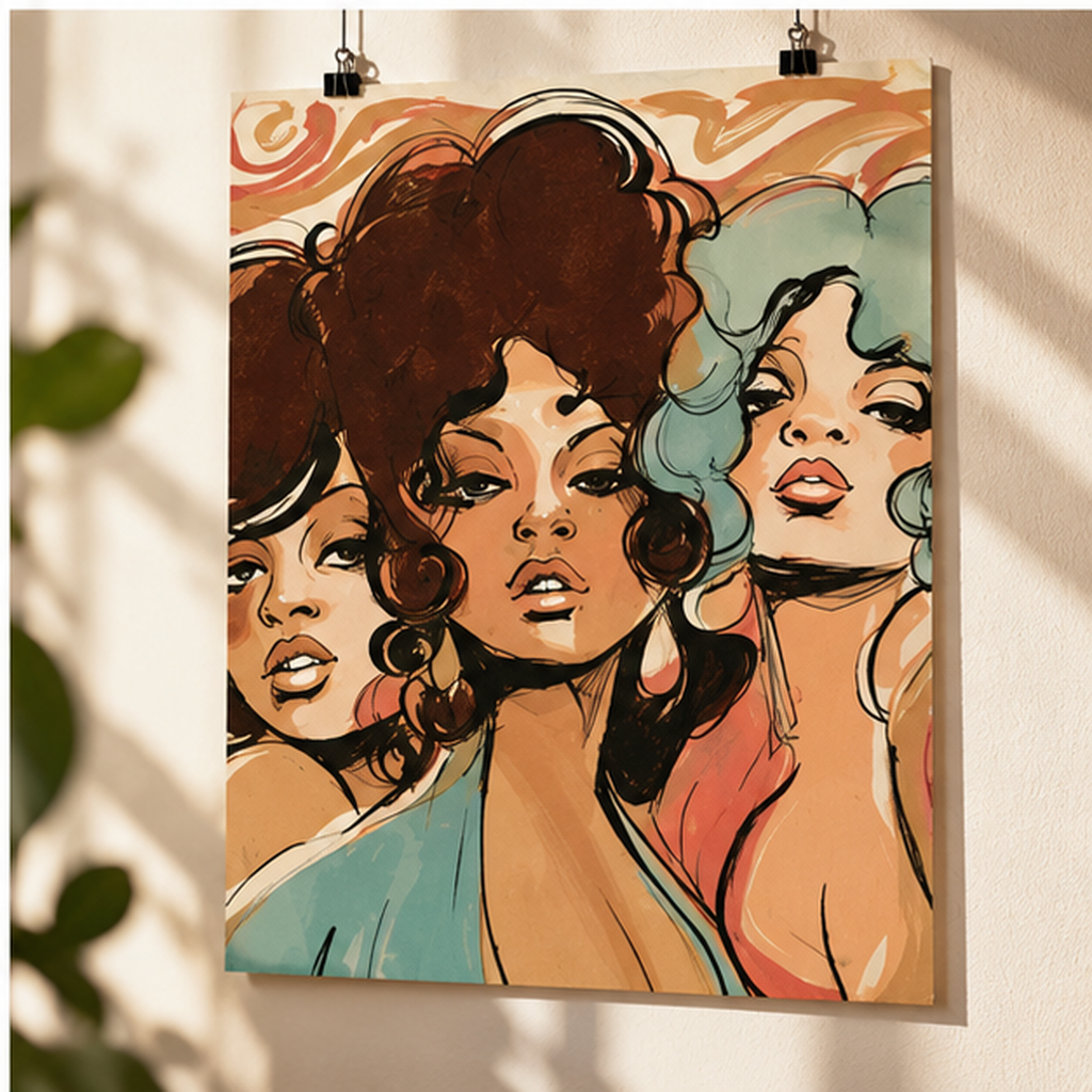Retro Women Portrait Poster – Vintage 70s Glamour Wall Art, Bold Feminine Pop Art Print, Colorful Mid Century Modern Decor