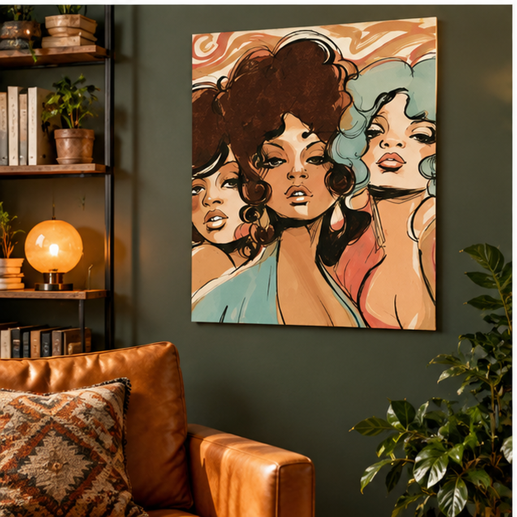 Retro Women Portrait Poster – Vintage 70s Glamour Wall Art, Bold Feminine Pop Art Print, Colorful Mid Century Modern Decor