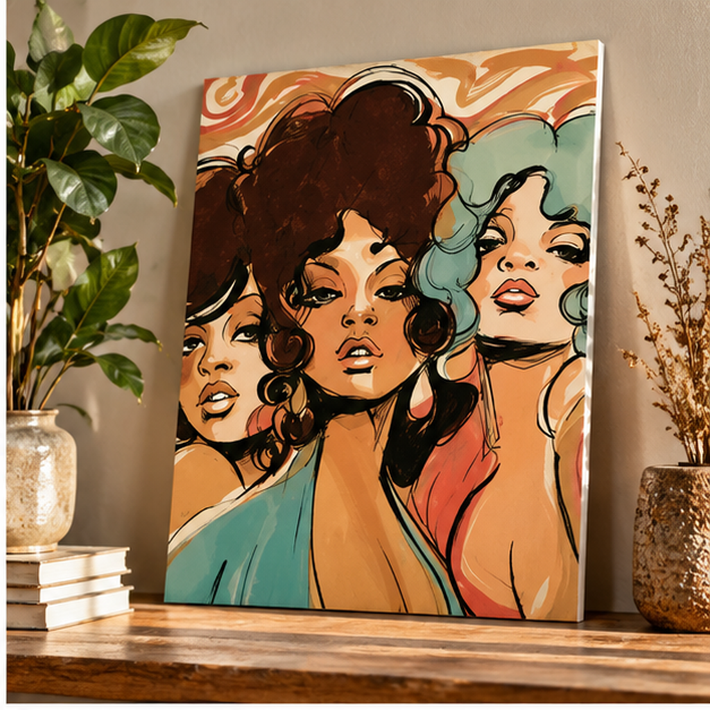 Retro Women Portrait Poster – Vintage 70s Glamour Wall Art, Bold Feminine Pop Art Print, Colorful Mid Century Modern Decor