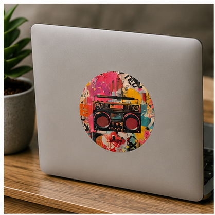 Vintage Boombox Graffiti Round Vinyl Sticker Retro Street Art Peel and Stick Decal