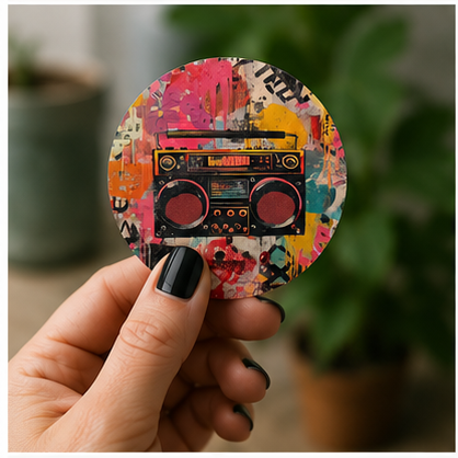 Vintage Boombox Graffiti Round Vinyl Sticker Retro Street Art Peel and Stick Decal