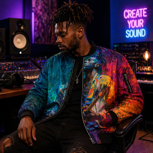 Colorful Guitarist Art Bomber Jacket With Bold Teal Magenta Amber Front Print And Black Rib Knit Trim Printify