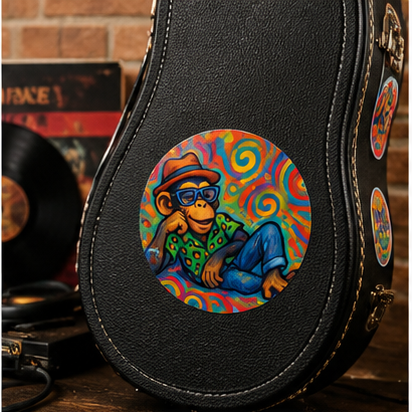 Chill Vibes Monkey Round Vinyl Sticker Colorful Retro Ape Art With Matte Finish And Psychedelic Backdrop