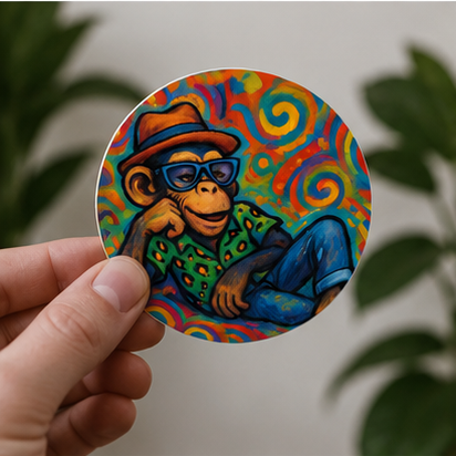 Chill Vibes Monkey Round Vinyl Sticker Colorful Retro Ape Art With Matte Finish And Psychedelic Backdrop