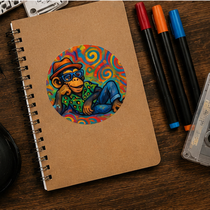 Chill Vibes Monkey Round Vinyl Sticker Colorful Retro Ape Art With Matte Finish And Psychedelic Backdrop