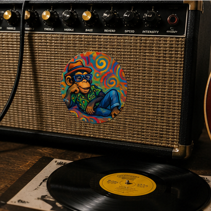 Chill Vibes Monkey Round Vinyl Sticker Colorful Retro Ape Art With Matte Finish And Psychedelic Backdrop
