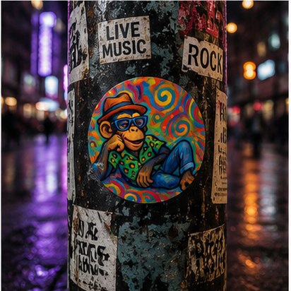 Chill Vibes Monkey Round Vinyl Sticker Colorful Retro Ape Art With Matte Finish And Psychedelic Backdrop