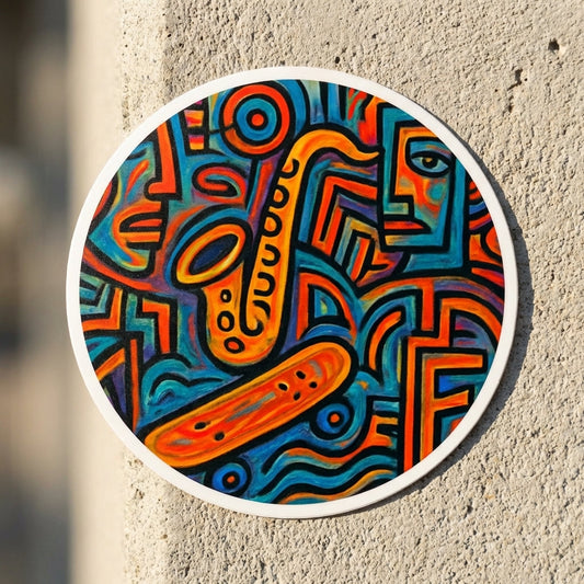 Macro shot of the 'Concrete Funk' sticker highlighting vivid colors, geometric design, and micro-details with a neutral textured background.