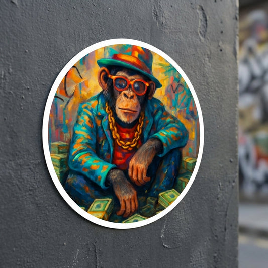 Close-up of the Hip Hop Mogul Chimp Sticker highlighting vivid colors, intricate line work, and textured vinyl finish with natural lighting.