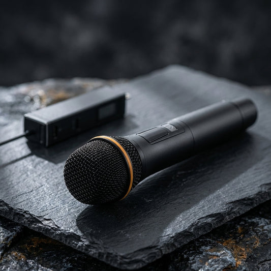 Macro shot of a matte black UHF wireless microphone highlighting grille pattern and micro-texture details with soft natural lighting.
