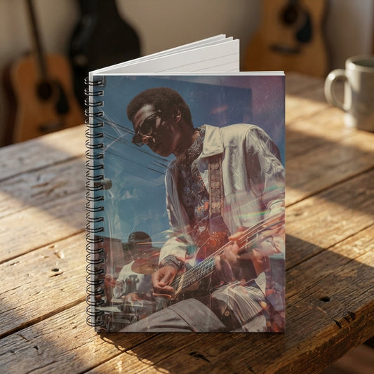Close-up of the dark grey textured cover and spiral binding of the Retro Live Music Spiral Notebook, illuminated by warm sunlight.