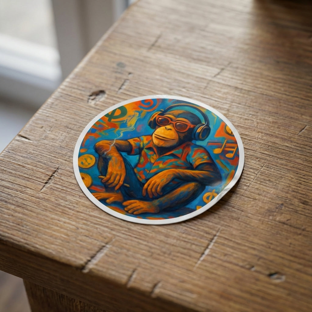 Ultra-realistic close-up of the 'Cosmic Chill' chimp sticker showcasing micro-texture and vibrant psychedelic swirl on a matte surface.