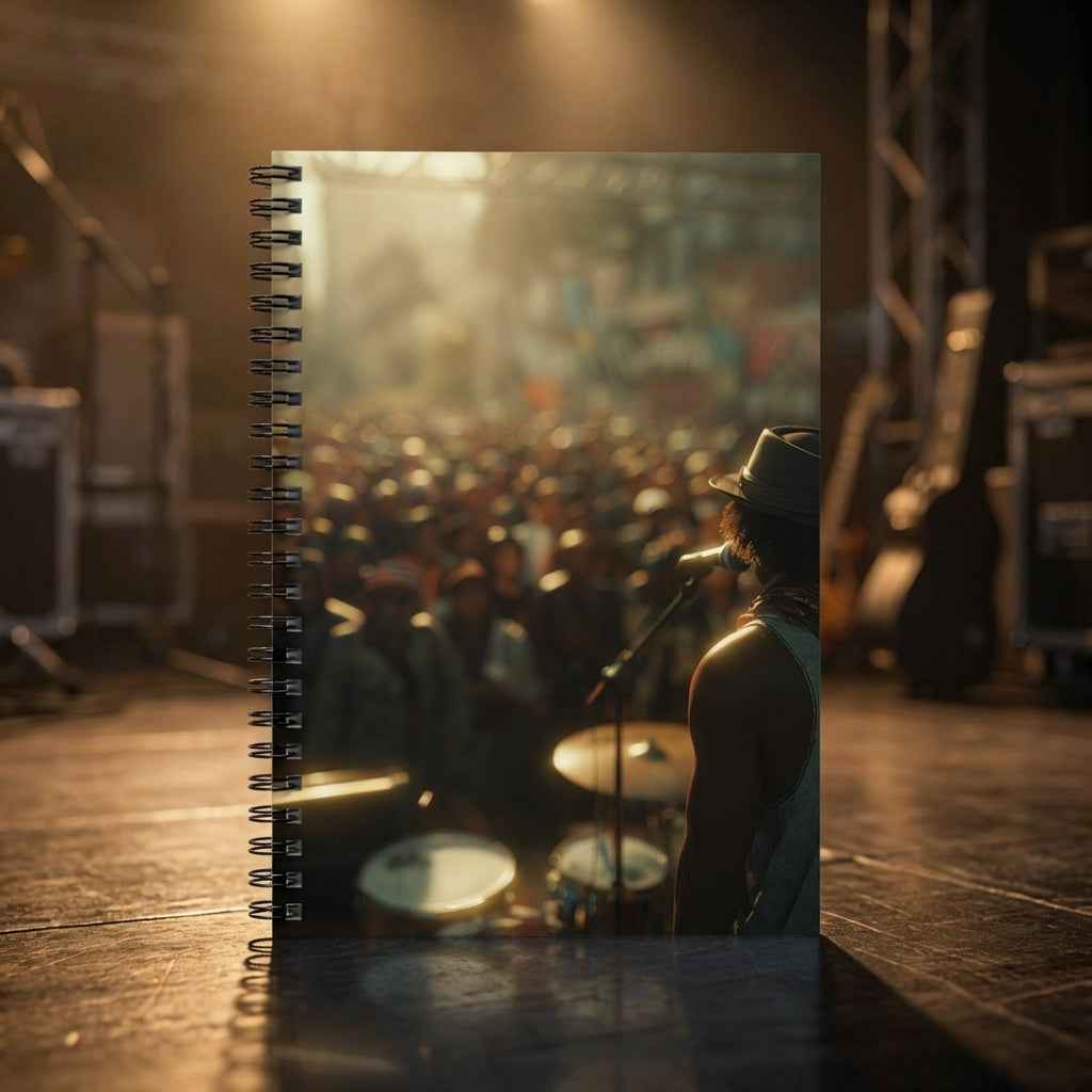 Upright closed concert photographer spiral notebook with dark grey back cover and metal spiral, set on a reflective surface with blurred stage background.