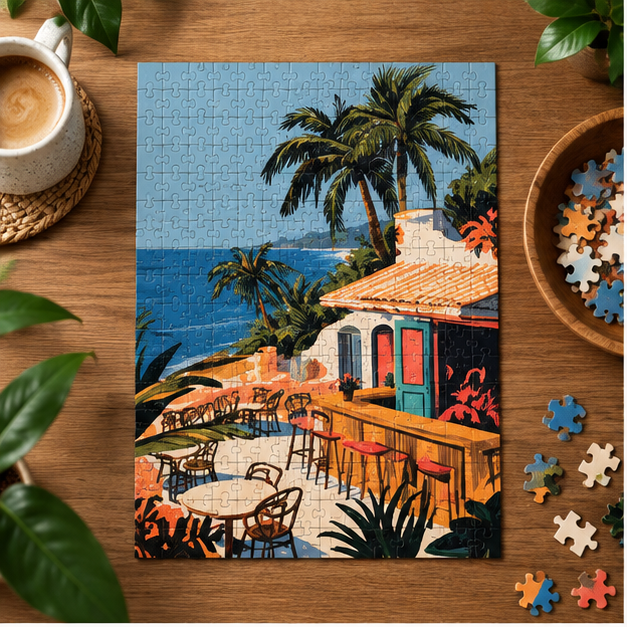 Coastal Café Jigsaw Puzzle — Vintage Beach Scene (110–1014 pcs)