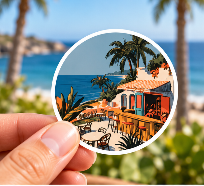 Coastal Café Round Sticker – Vintage Tropical Beach & Palm Tree Sticker