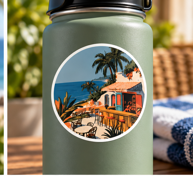 Coastal Café Round Sticker – Vintage Tropical Beach & Palm Tree Sticker