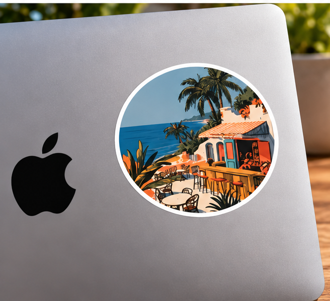 Coastal Café Round Sticker – Vintage Tropical Beach & Palm Tree Sticker