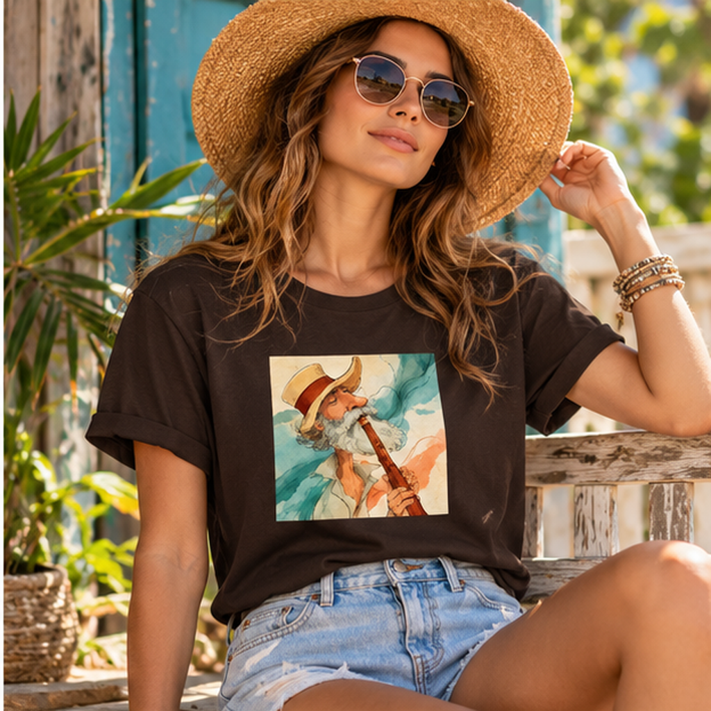 Abstract Coastal Art T-Shirt – Vintage Watercolor Musician Graphic Tee, Retro Boho Fashion, Colorful Artistic Unisex Shirt, Music Lover Gift