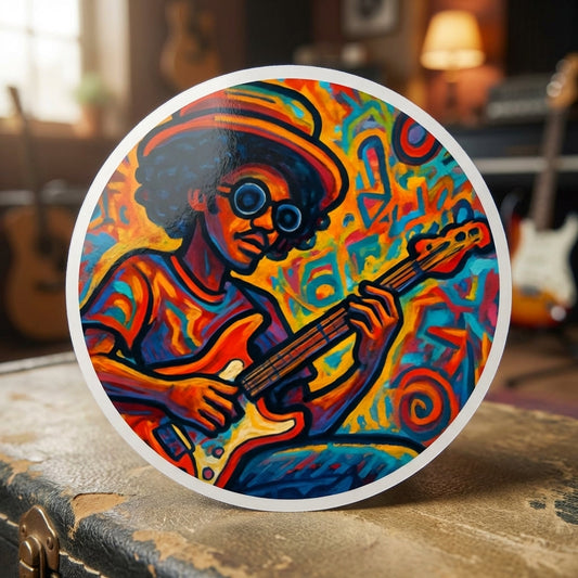Vibrant round vinyl sticker featuring a funky guitarist with psychedelic swirl backdrop, durable indoor/outdoor design, high contrast colors.