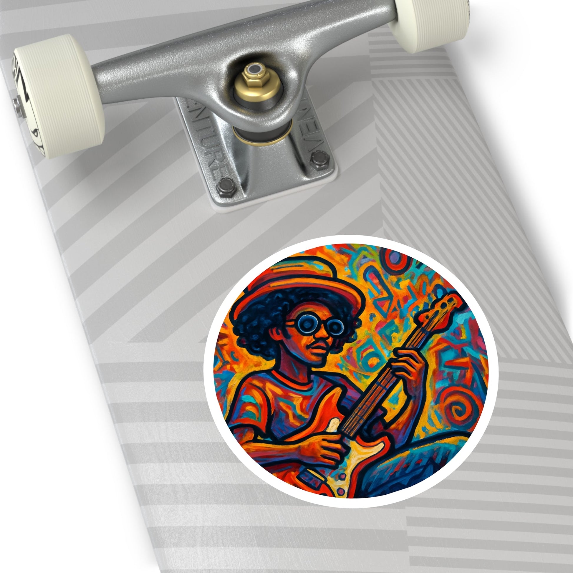 Colorful Funk Guitarist Round Sticker — Indoor/Outdoor Vinyl - MusicandydesignsPaper products