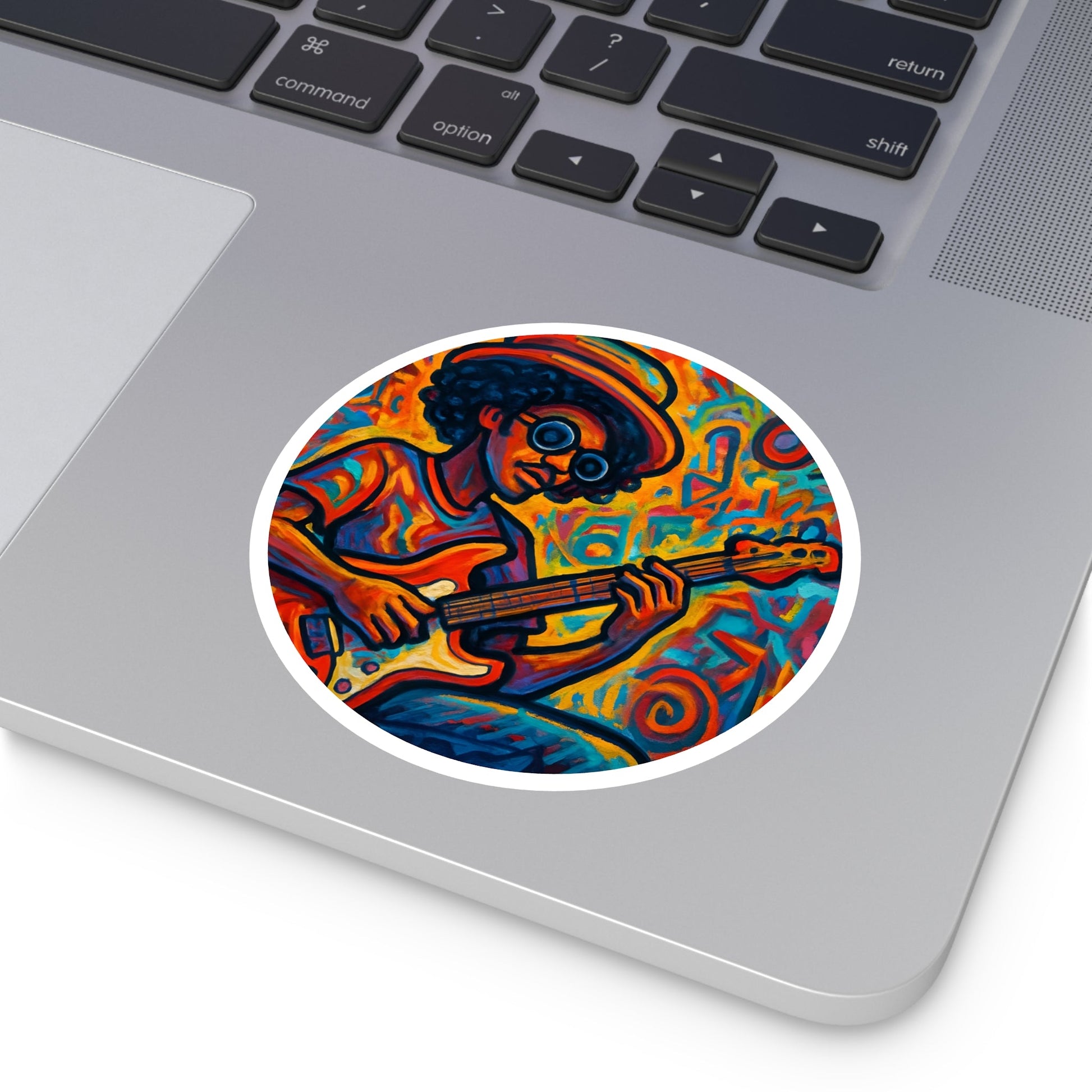 Colorful Funk Guitarist Round Sticker — Indoor/Outdoor Vinyl - MusicandydesignsPaper products