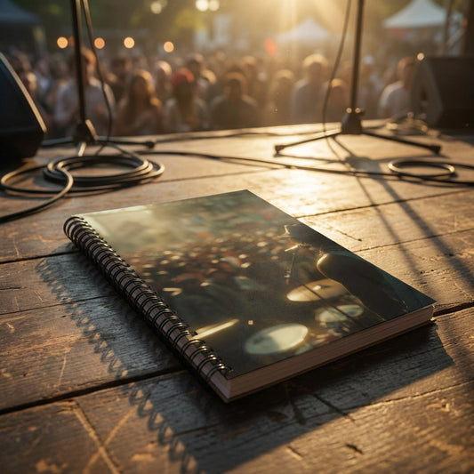 Close-up of the textured cover of the concert photographer spiral notebook, showing warm crowd and performer with stage lighting.