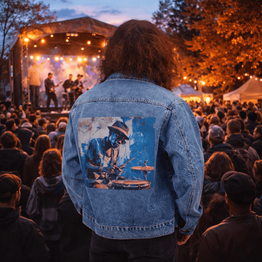 Denim Jacket — Vintage Blues Drummer Back Print - MusicandydesignsOuterwear