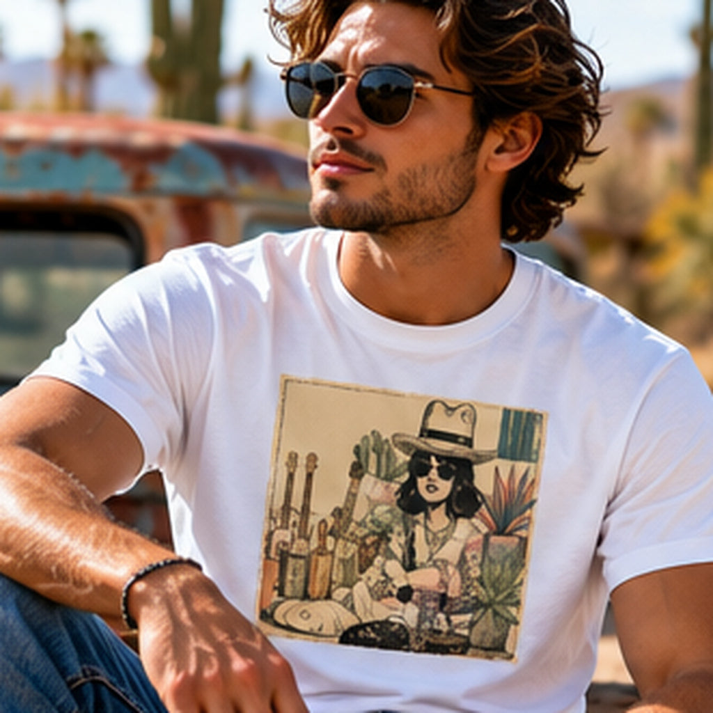 Vintage Desert Girl T-Shirt, Retro Graphic Tee, 70s Inspired Art Shirt, Boho Illustration Tee, Vintage Desert Style Unisex Shirt