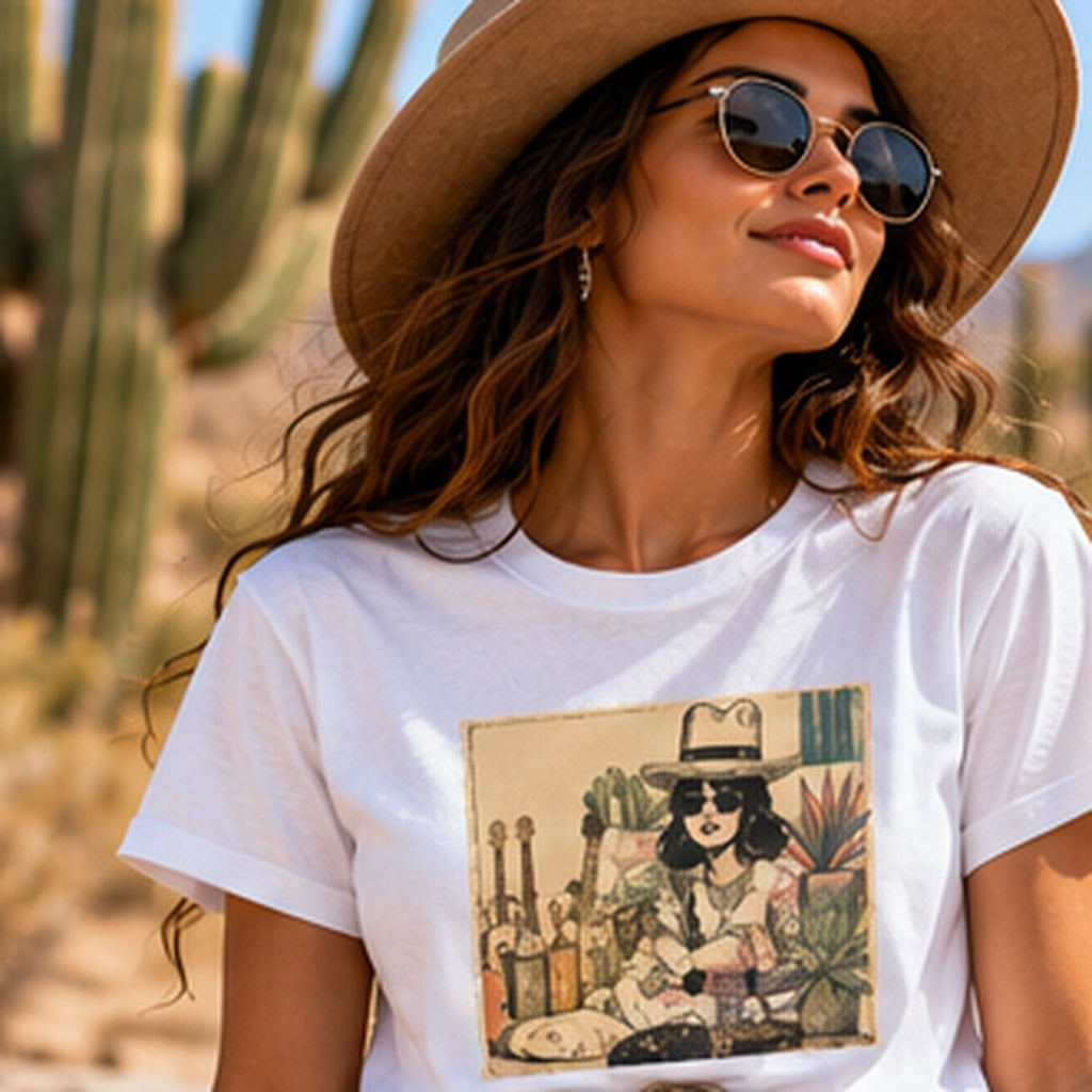 Vintage Desert Girl T-Shirt, Retro Graphic Tee, 70s Inspired Art Shirt, Boho Illustration Tee, Vintage Desert Style Unisex Shirt
