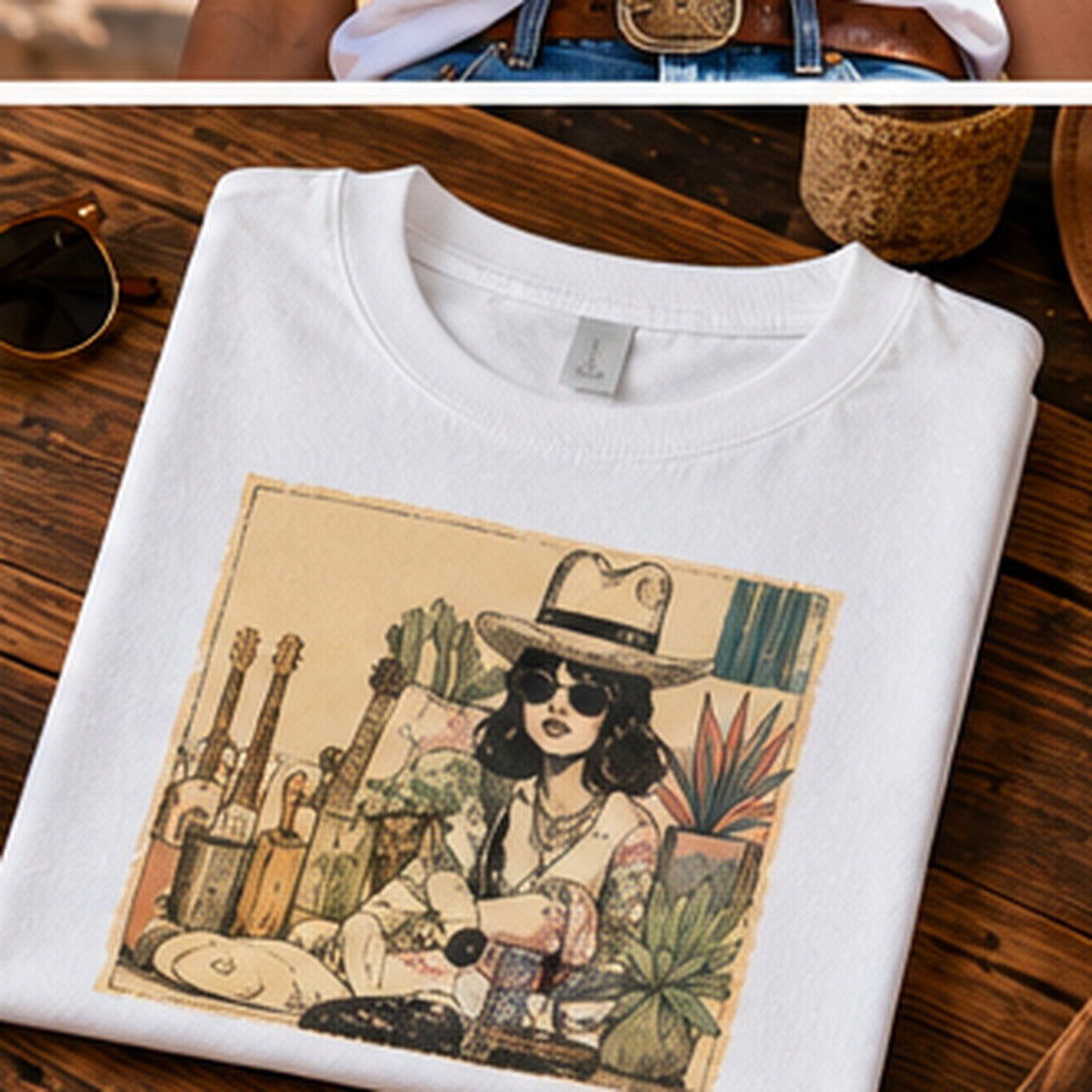 Vintage Desert Girl T-Shirt, Retro Graphic Tee, 70s Inspired Art Shirt, Boho Illustration Tee, Vintage Desert Style Unisex Shirt