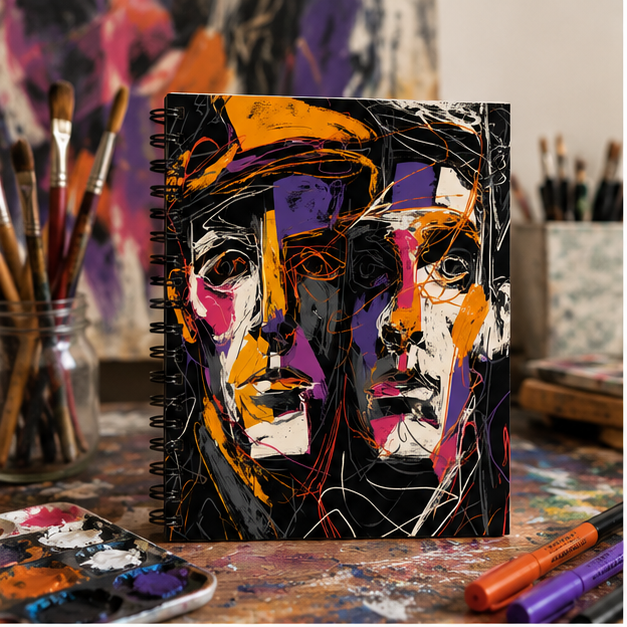Abstract Dual Faces Spiral Notebook With Ruled Pages Artistic Portrait Journal Includes Inside Document Pocket