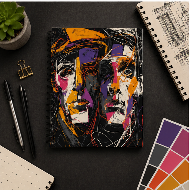 Abstract Dual Faces Spiral Notebook With Ruled Pages Artistic Portrait Journal Includes Inside Document Pocket