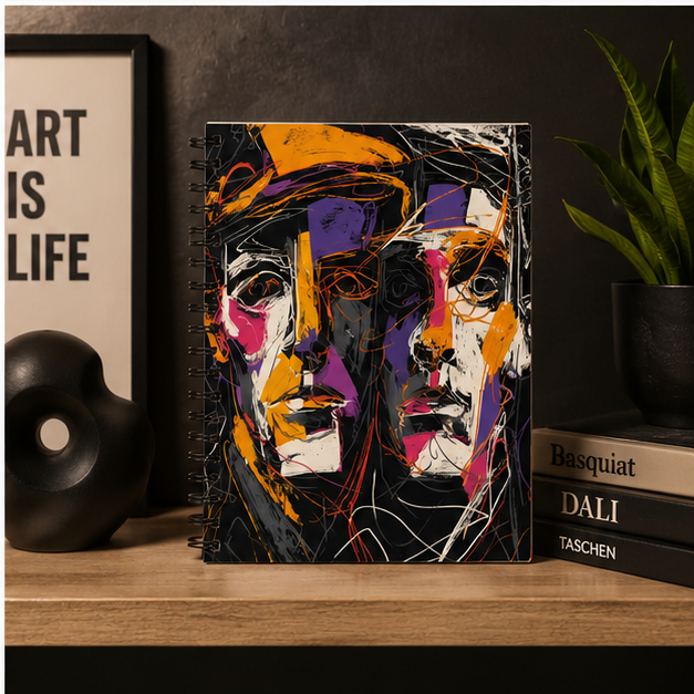 Abstract Dual Faces Spiral Notebook With Ruled Pages Artistic Portrait Journal Includes Inside Document Pocket