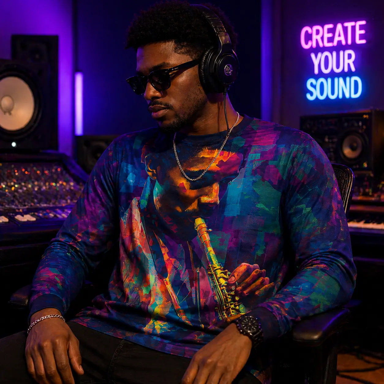 Saxophonist Abstract Art Long Sleeve Shirt With Vibrant Jewel Tones And Musical Mood Printify