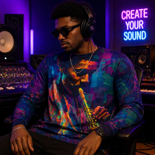 Saxophonist Abstract Art Long Sleeve Shirt With Vibrant Jewel Tones And Musical Mood Printify