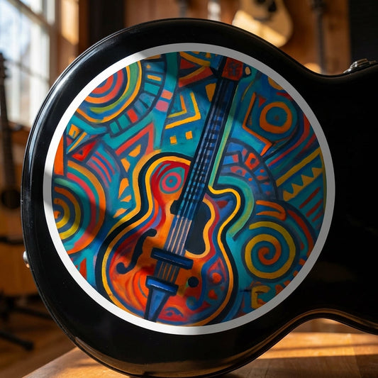 Close-up of Electric Soul guitar sticker on glossy surface, showcasing intricate psychedelic swirls, tribal motifs, and vibrant fiery oranges and deep blues.
