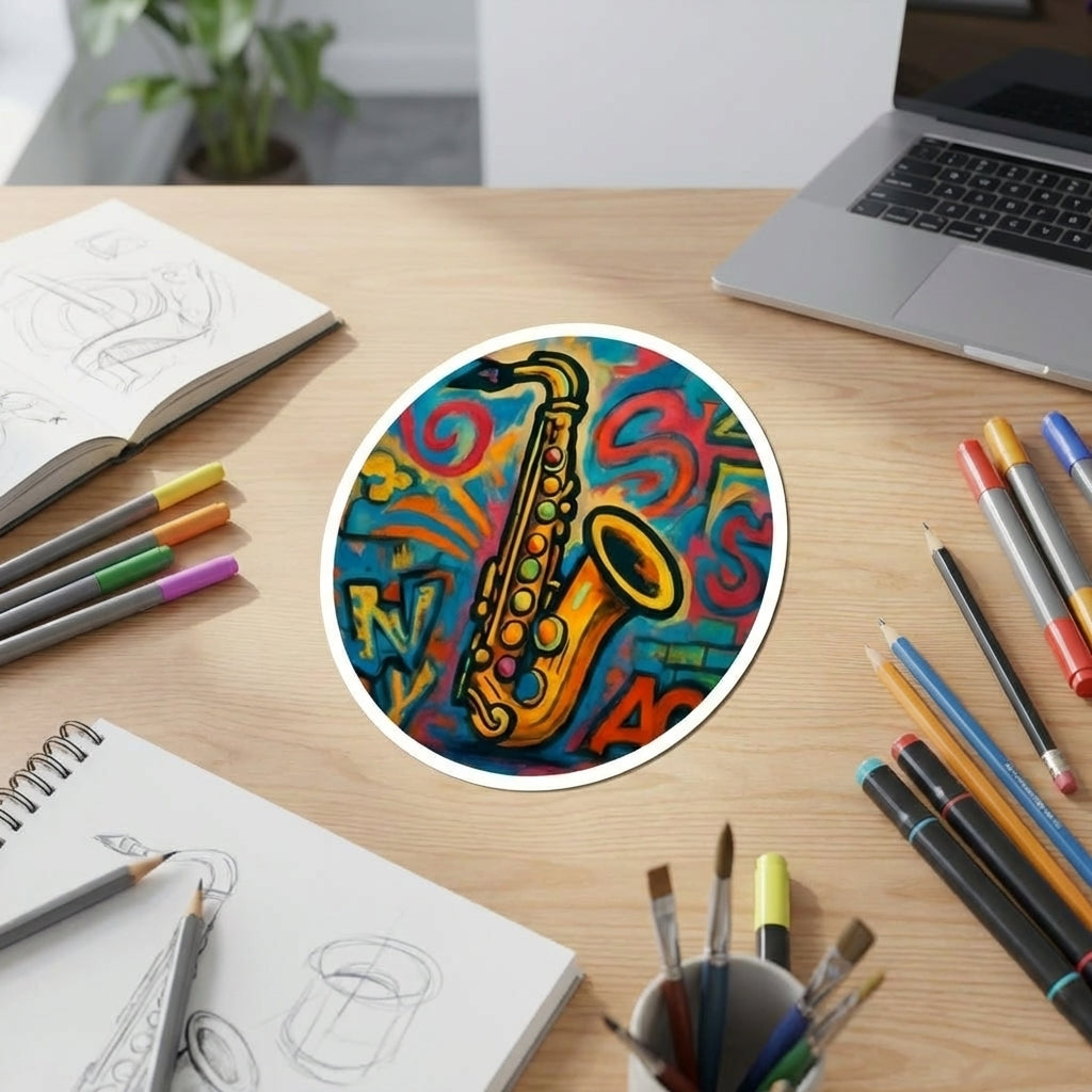 Flat lay of saxophone graffiti sticker on workspace with art supplies, highlighting vibrant colors and detailed design.