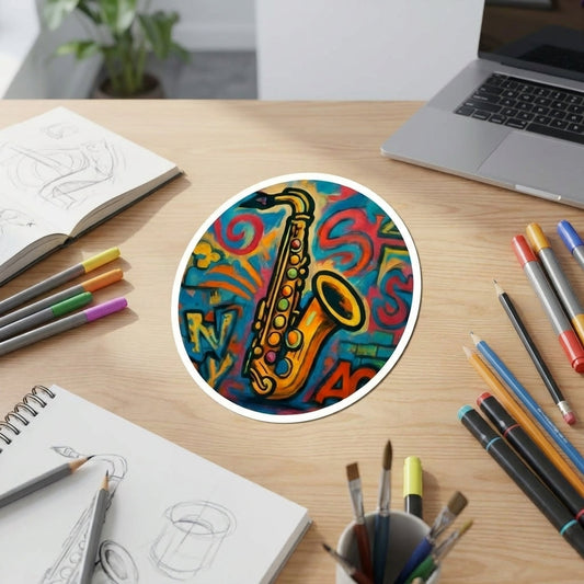 Flat lay of saxophone graffiti sticker on workspace with art supplies, highlighting vibrant colors and detailed design.