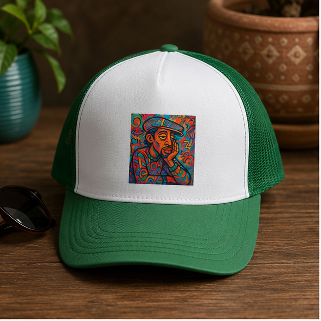 Colorful Folk Art Trucker Cap With Vibrant Hand Painted Portrait Design For Everyday Style