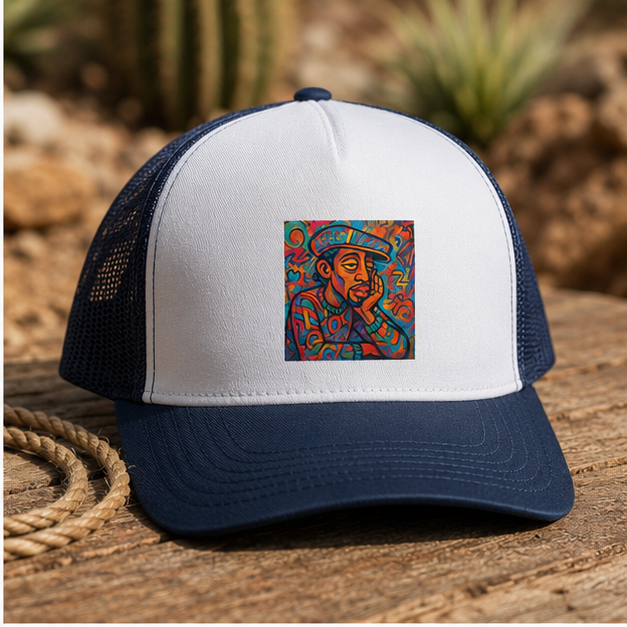 Colorful Folk Art Trucker Cap With Vibrant Hand Painted Portrait Design For Everyday Style