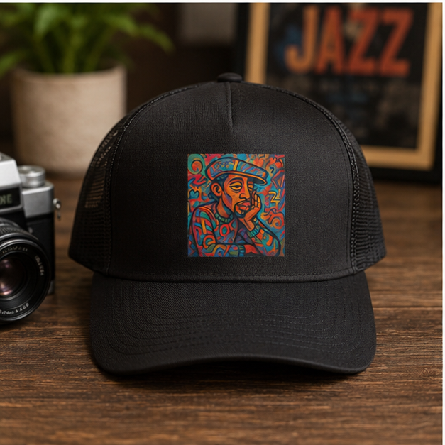 Colorful Folk Art Trucker Cap With Vibrant Hand Painted Portrait Design For Everyday Style