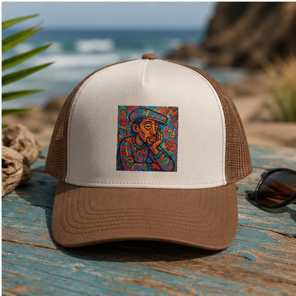 Colorful Folk Art Trucker Cap With Vibrant Hand Painted Portrait Design For Everyday Style