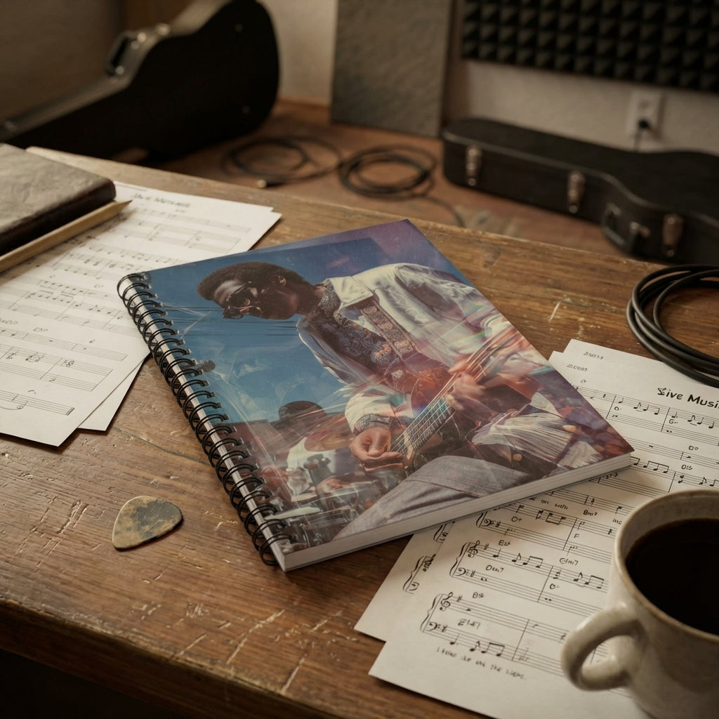 Full-body shot of the open Retro Live Music Spiral Notebook on a cluttered wooden desk with guitar pick, sheet music, and coffee cup.