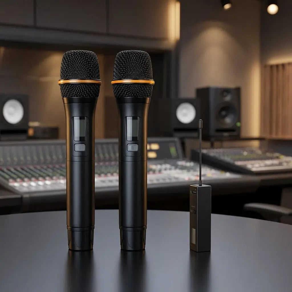 Small UHF wireless microphone standing upright on reflective surface in a modern studio, showcasing ergonomic design and textured grip.